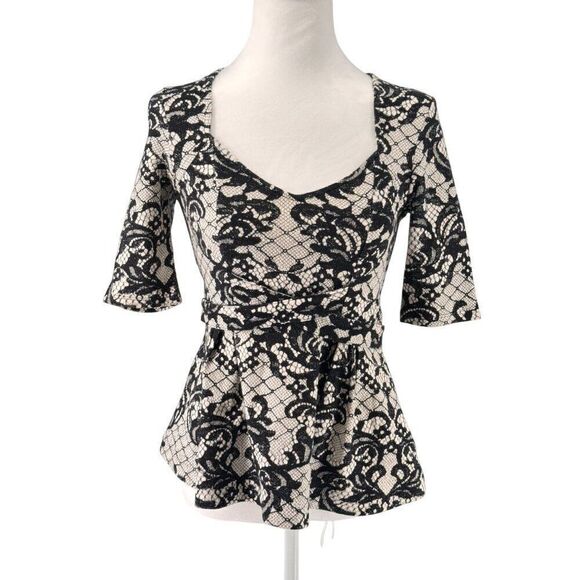 Anthropologie Postmark Black Lace Print Peplum Top Sz XS Romantic, Flirty EUC - Picture 1 of 10